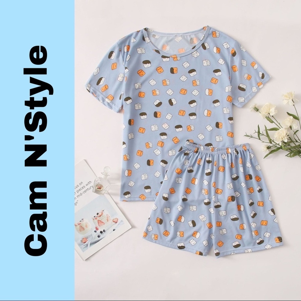 New Blue Tee & Shorts Pajama Set - Picture 1 of 4
